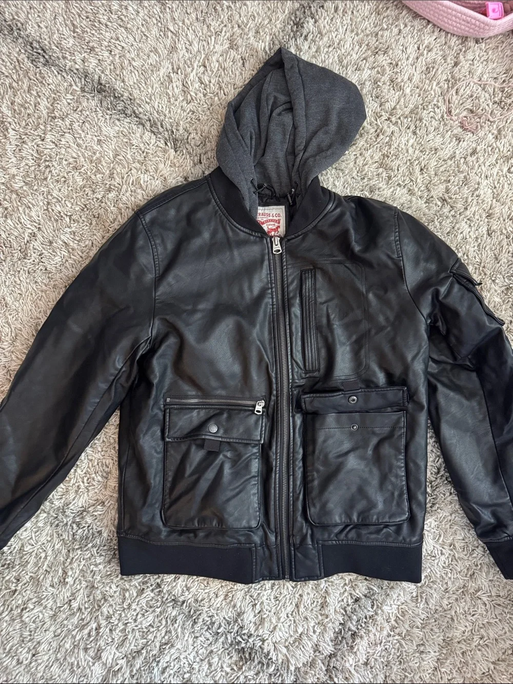 Levi's Black Faux Leather Bomber Jacket with Gray Hood